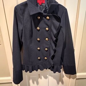 CoffeeShop Women's Dark Blue Pea Coat with Gold Buttons